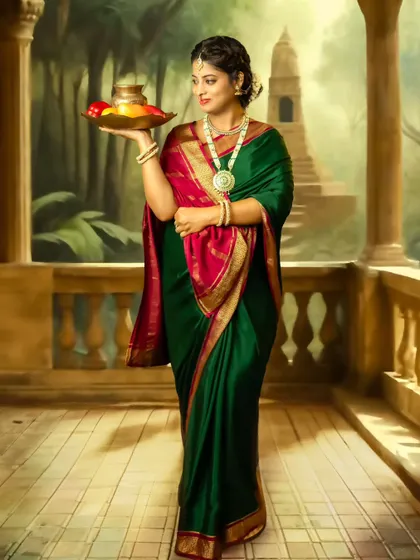 A graceful portrait of a mom-to-be on a painted balcony, holding a platter of fruit, looking like a figure from a timeless story.
