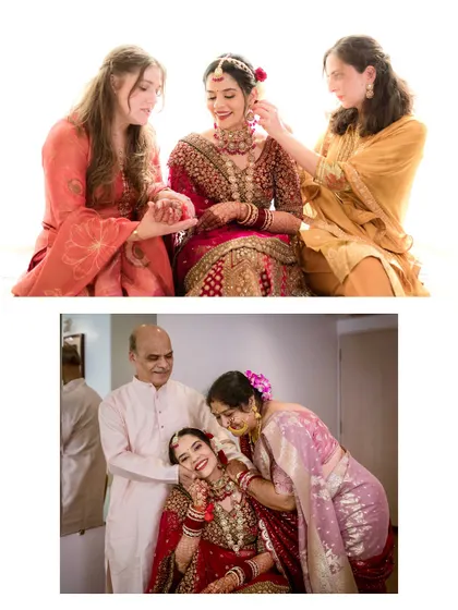 A collage of the bride getting ready with her parents and friends. These are the precious moments of family support and love.