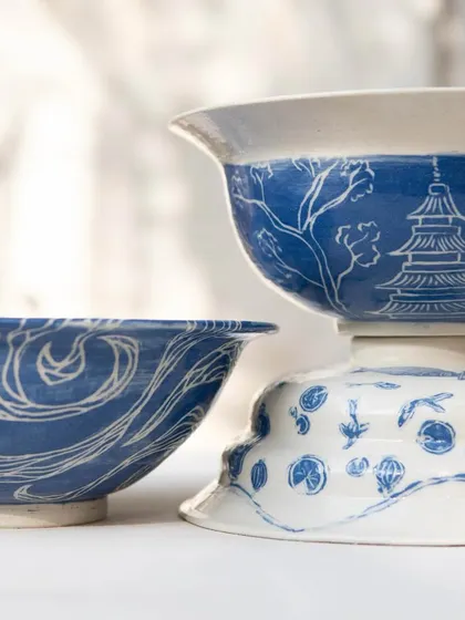 These tastefully made ramen bowls were created by our Foundation students. They are beautifully decorated with detailed sgraffito work inspired by Japanese patterns, landscapes, and culture, turning a functional item into a piece of art.