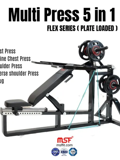 The list of exercises possible on our 5-in-1 Multi Press Combo, including various chest and shoulder presses.