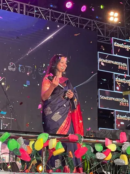 Sharing a smile on stage with Rajesh Krishnan in Davangere. Collaborating with other artists always brings a fresh energy and joy to the performance.