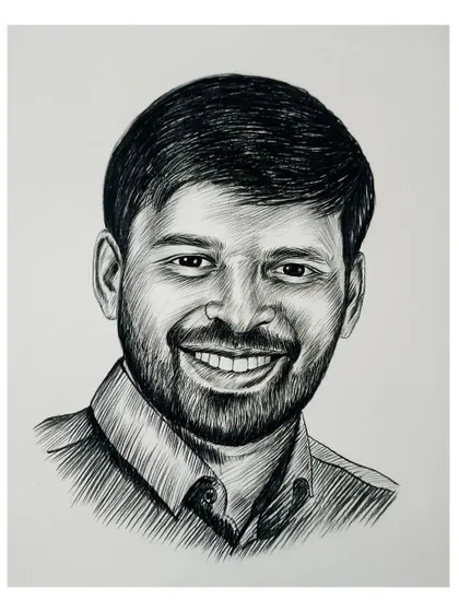 A charcoal portrait created in a cross-hatching style. This technique gives the artwork a unique texture and a classic, illustrative feel.