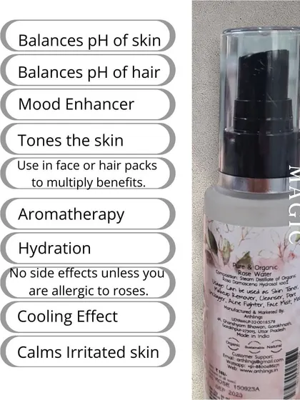 Our rose water is a multipurpose magic potion. It balances pH, tones skin, enhances your mood, provides hydration, and has a wonderful cooling effect.