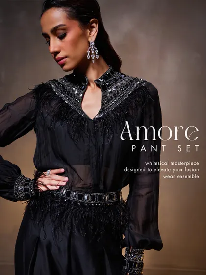 The Amore Pant Set is a whimsical masterpiece. I designed it with signature stone embellishments and delicate feather-like details to elevate your fusion wear ensemble.
