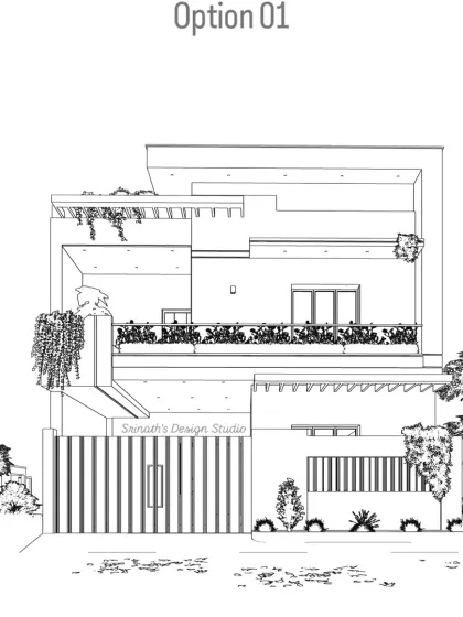 This is "Option 01," an initial elevation sketch for a client. Presenting concepts as clean line drawings helps in finalizing the architectural form and layout before moving to detailed 3D rendering.