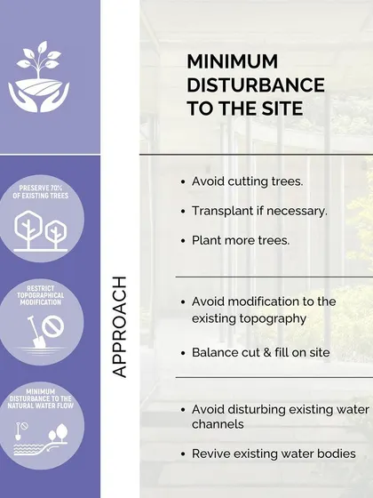 This infographic details our targets for minimizing disturbance to a site, including preserving trees, avoiding topographical modification, and protecting natural water channels.