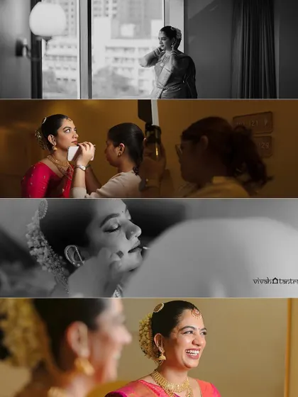 A collage showing the behind-the-scenes process of creating this divine South Indian look. From applying makeup to the final happy smile, it captures the journey.