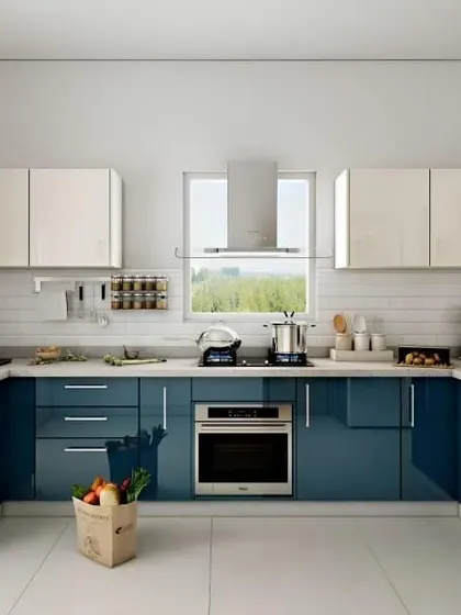 This glossy blue and white U-shaped kitchen is bright and modern. The large window lets in plenty of natural light, making it a cheerful place to cook.