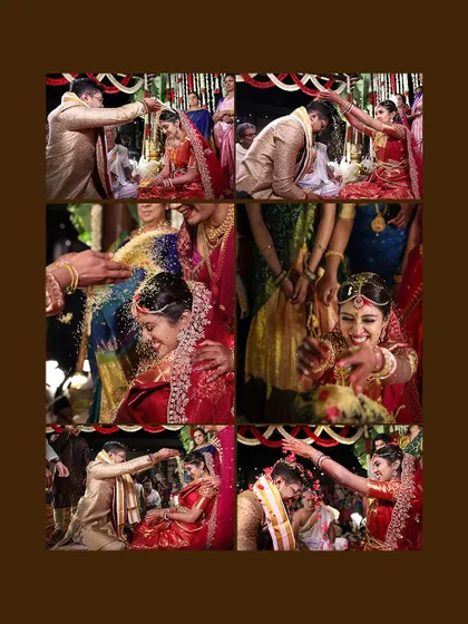 A vibrant collage capturing the fun and excitement of the Talambralu ceremony from multiple angles.