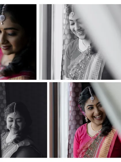 A collage of the bride's portraits during her Pindhani ritual. Her joyful smiles and laughter, captured in both color and black and white, show the happiness of this special family moment.