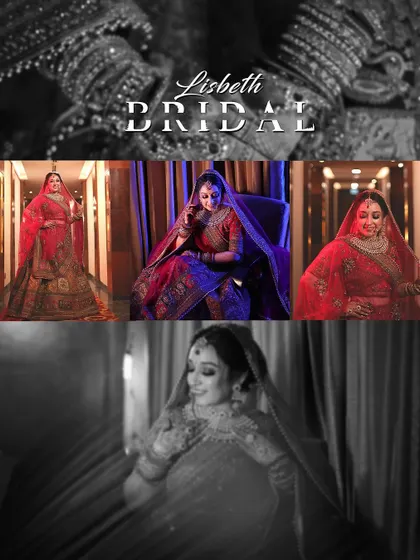 A collage of bridal portraits, mixing full-length shots in color with intimate black and white moments. This collection showcases the bride's look from every angle.