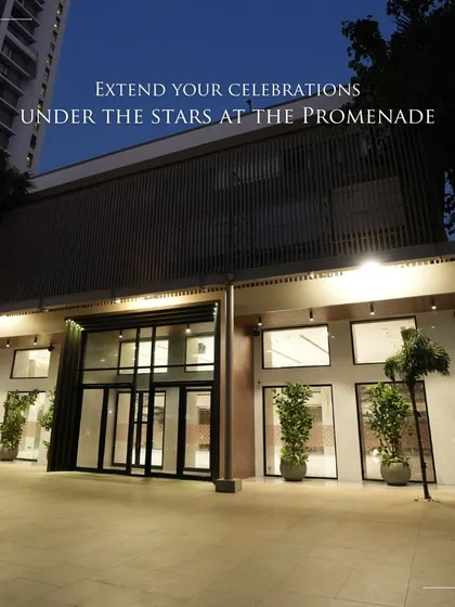 The Promenade at night, our elegant outdoor space. This area allows you to extend your celebrations under the stars, perfect for a cocktail hour or an open-air lounge, with the gentle Mumbai sea breeze as your companion.