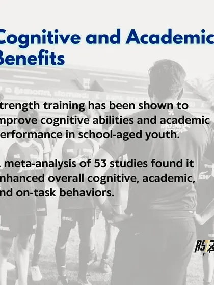 The benefits extend beyond the field. This graphic cites a meta-analysis of 53 studies that found strength training improves cognitive abilities and academic performance in school-aged youth, enhancing overall on-task behaviors.