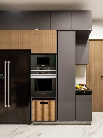 A full view of the tall unit, showing how it can be customized to include multiple storage options like drawers, cabinets, and appliance nooks, all in one streamlined block.
