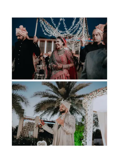 A collage showing the bride's entrance and the groom's playful reaction, capturing the personality and joy of the couple during their ceremony.