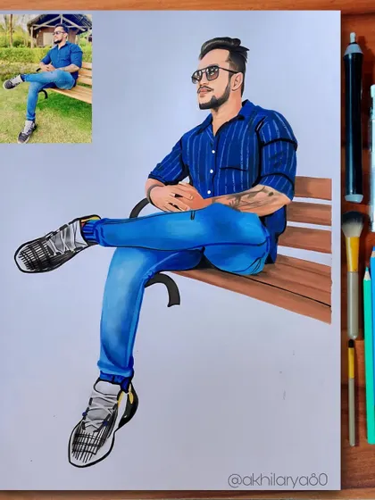 A full-body portrait of a man sitting on a bench, created with colored pencils on A3 paper. This shows how I can create a complete scene from a photo.