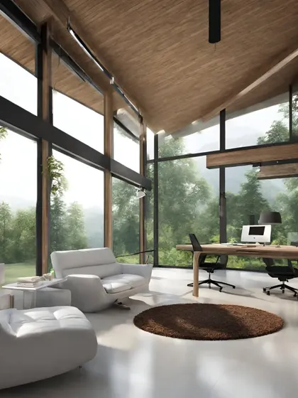 This top-level office space uses a sloping wooden ceiling and large windows to create an energetic and focused atmosphere. The breathtaking view of nature provides a constant source of inspiration for deep concentration and productivity.