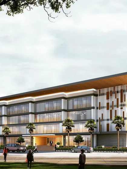 An architectural visualization for a new commercial project. The design features a sleek glass curtain wall, modern cladding, and a distinctive angled roof, creating a contemporary and professional appearance for retail and office use.