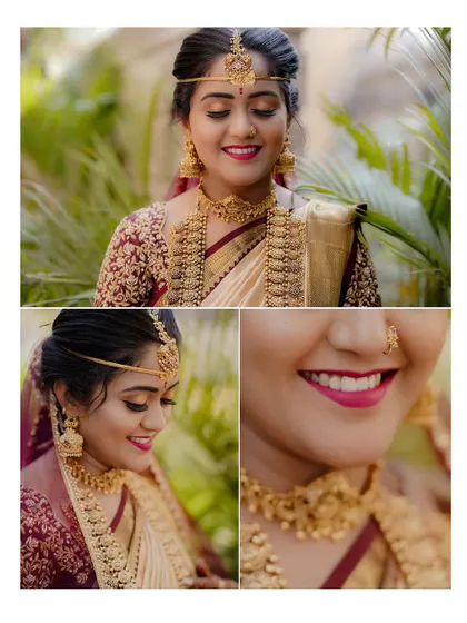 A collage of the bride's happy smiles, capturing the joy and beauty of her wedding day look.