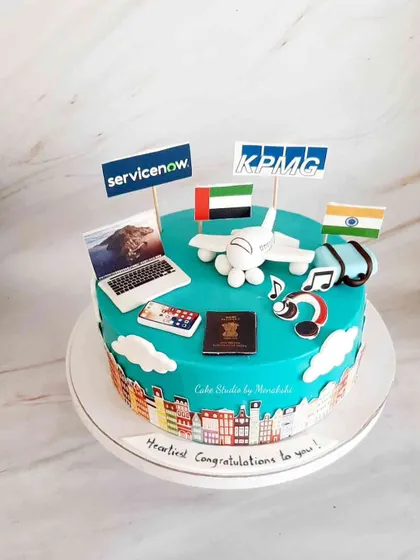 A corporate travel themed cake for someone moving to a new job overseas. It features company logos, country flags, a passport, and an airplane.