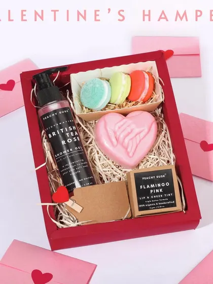 Valentine's Day is the perfect time to show you care. This adorable hamper includes a British Tea Rose shower gel, a heart-shaped soap, macaron soaps, and my Flamingo Pink lip tint.