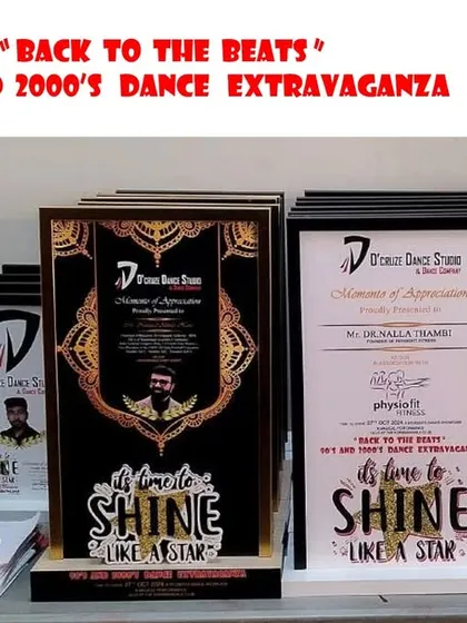 A close-up of the beautiful awards and trophies for our "It's Time to Shine" student showcase. We believe in recognizing the hard work of our dancers.