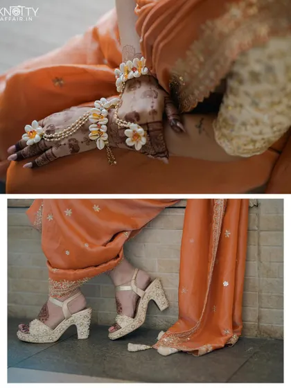 A close-up on the details, from the bride's floral jewelry to her stylish footwear for the Haldi ceremony. We believe beauty is in the details.