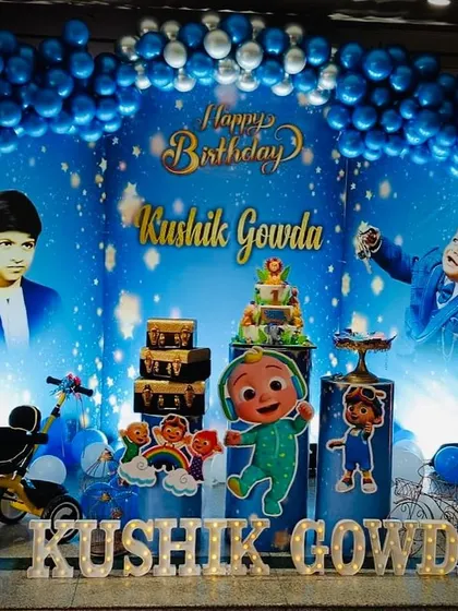 A unique theme combining Cocomelon characters with a tribute to the beloved actor Puneeth Rajkumar. We work with clients to create personalized themes that are meaningful to their family.