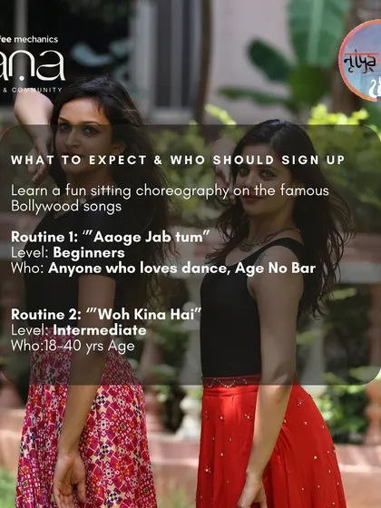 This poster details the different routines we offered in a past Diwali workshop. We often provide options, like a beginner-friendly sitting choreography and an intermediate level dance, to cater to everyone.