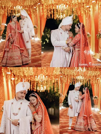 A collage of the couple's portraits under a canopy of lights, capturing their romantic interactions.