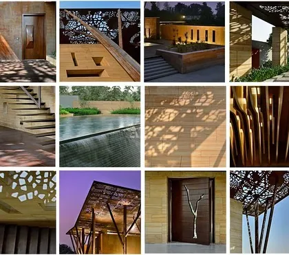 A collage revealing the narrative of the Tree House. It condenses the project's key ideas: the play of shadows from the metal canopy, the texture of the stone walls, the sculptural staircases, and the custom-designed doors.