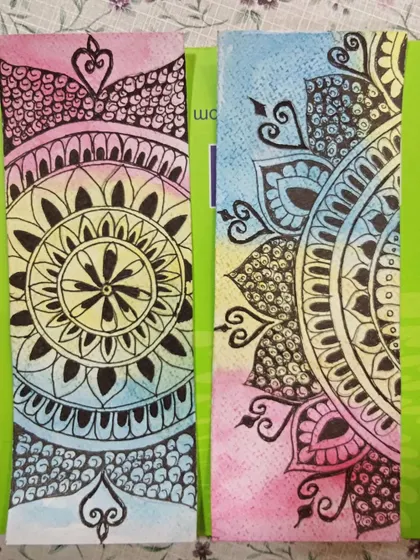 We also make beautiful and useful things like these Mandala bookmarks. They are created with watercolor backgrounds and detailed ink work, making them a perfect small project.