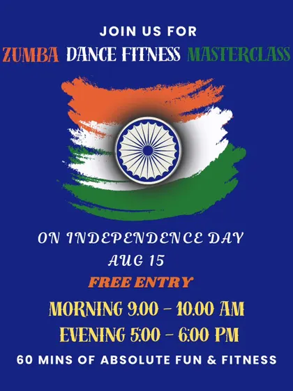 Our poster for the free Independence Day Zumba Masterclass. We love celebrating important days with our community.