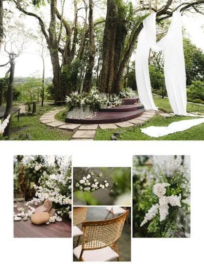 A collage showcasing the beautiful, rustic decor of an outdoor wedding in the tea hills. Details like the wooden stage, white floral arrangements, and wicker chairs blend seamlessly with the natural surroundings.