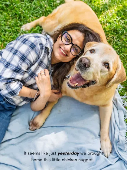 "It seems like just yesterday we brought home this little chicken nugget..." A touching sentiment paired with a photo of Bruno and his mom.