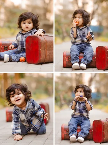 A collage of a little boy with a traveler theme, showing him crawling, sitting on suitcases, and playing.