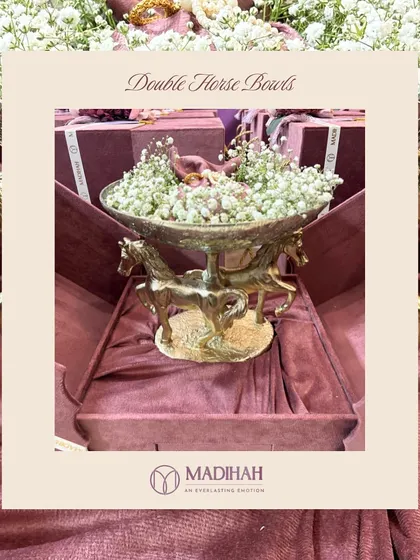 Another stylized shot of the Double Horse Bowls, emphasizing their role as a premium, unforgettable gift. The framing draws attention to the intricate details of the horses.