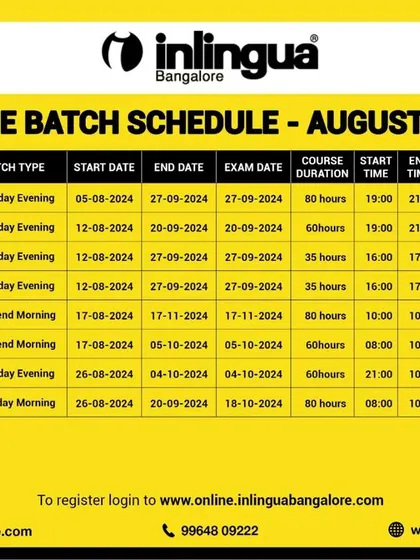 Check out our August 2024 online batch schedule. We offer a range of courses like German A1, French A1, and Spanish A1, with specific batches for kids and flexible timings to accommodate your learning needs.