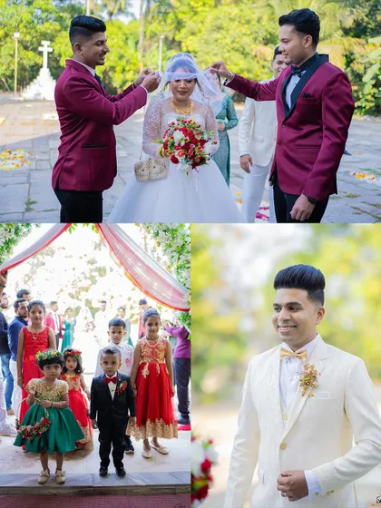 The joyful moments of a Catholic wedding, including the flower girls and page boys, and the best men adjusting the bride's veil.