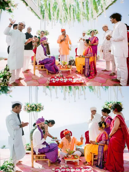 A wide view of the wedding ceremony, showing the family's participation in the rituals.