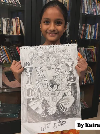 This incredibly detailed pencil sketch of Lord Ganesha by Kaira shows the amazing artistic skill our students develop. We focus on techniques like shading and proportion to create powerful drawings.