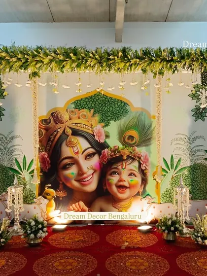 This Krishna theme backdrop is one of our most loved designs. The vibrant colors and the loving depiction of mother and child bring a special warmth to any event.
