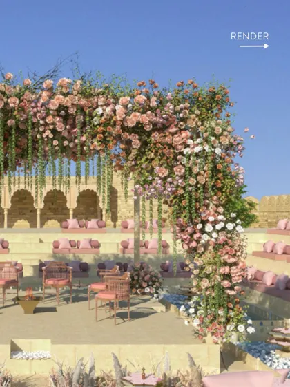 Render: Our vision for a breathtaking pastel mandap at Suryagarh's amphitheater. The 3D model allowed us to experiment with the density and flow of the floral arch, ensuring it perfectly framed the couple without overwhelming the stunning heritage architecture.