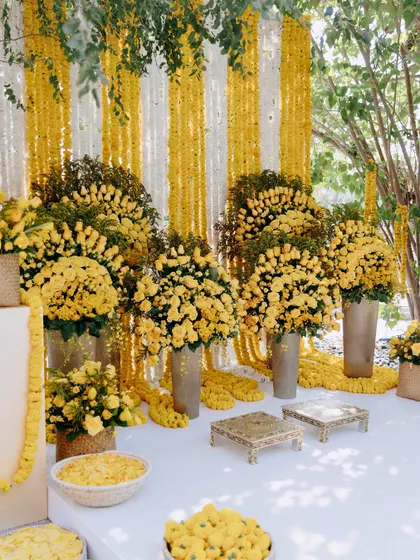 The traditional Haldi seating area, set up under the trees with a backdrop of yellow and white flower strings. This provided a beautiful, shaded spot for the main rituals before the water fun began.