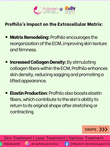 Profhilo works by remodeling the skin's extracellular matrix (ECM), which is the structural framework of your skin. This graphic details how it increases collagen and elastin, improving overall skin texture and firmness for a lifted appearance.