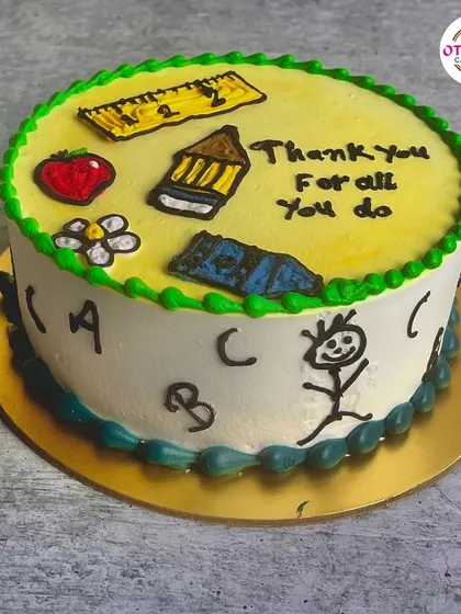 A fun and creative cake for Teacher's Day, decorated with cute, hand-drawn school supplies and a "Thank You" message.