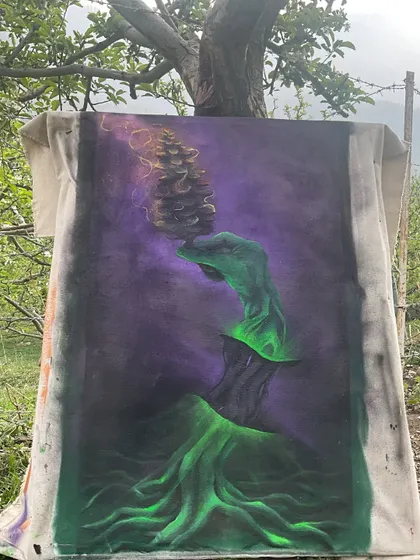 Another shot of the pine cone canvas, hanging in the open air. I like to let the environment influence the art, even when it's on a canvas.
