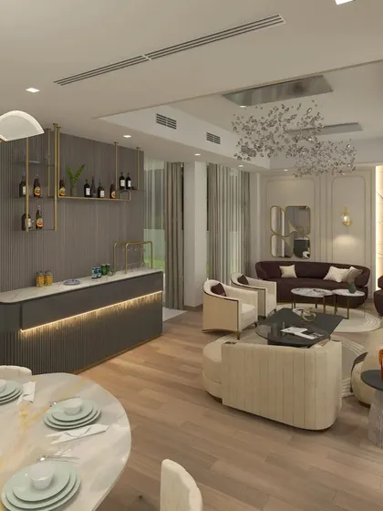 This image shows the integrated drawing, dining, and bar areas, designed to harmonize luxury with contemporary living.
