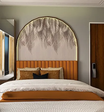 A bedroom design that combines sleek modern lines with comfortable vibes. The headboard features an arched design with a feather-patterned wallpaper and backlighting, creating a soft and inviting focal point.
