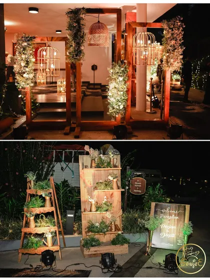 A collage of rustic decor elements, including wooden frames, birdcages, and plant arrangements.